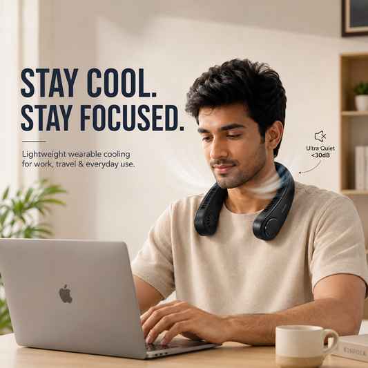 Man using a laptop with a cooling device around his neck, text 'Stay Cool. Stay Focused.'