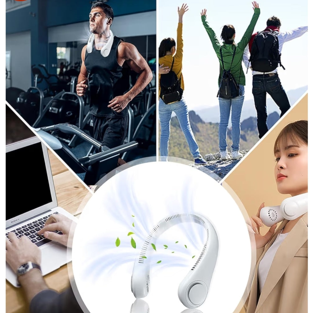 Collage of people using a handheld fan in various settings