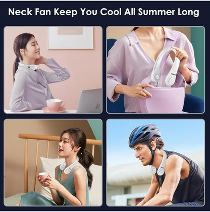 Neck fan being used by people in various settings with text 'Neck Fan Keep You Cool All Summer Long'.