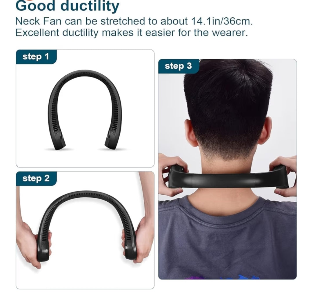 Neck fan being stretched and worn on a person's neck with text about its ductility.