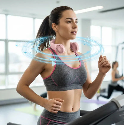 Woman exercising on a treadmill with a neck fan device displayed.