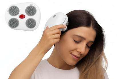 Woman using a white electronic head massager on her hair with close-up insets of the device.
