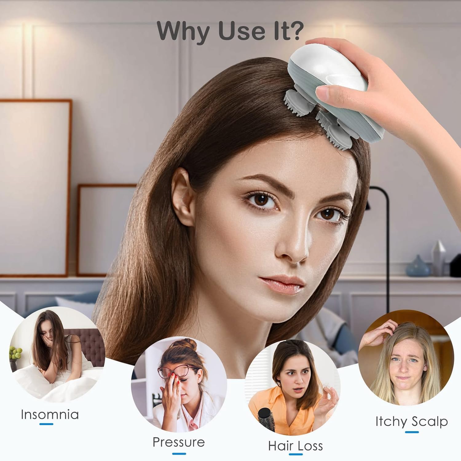 Woman using a scalp massager with lifestyle benefits displayed.