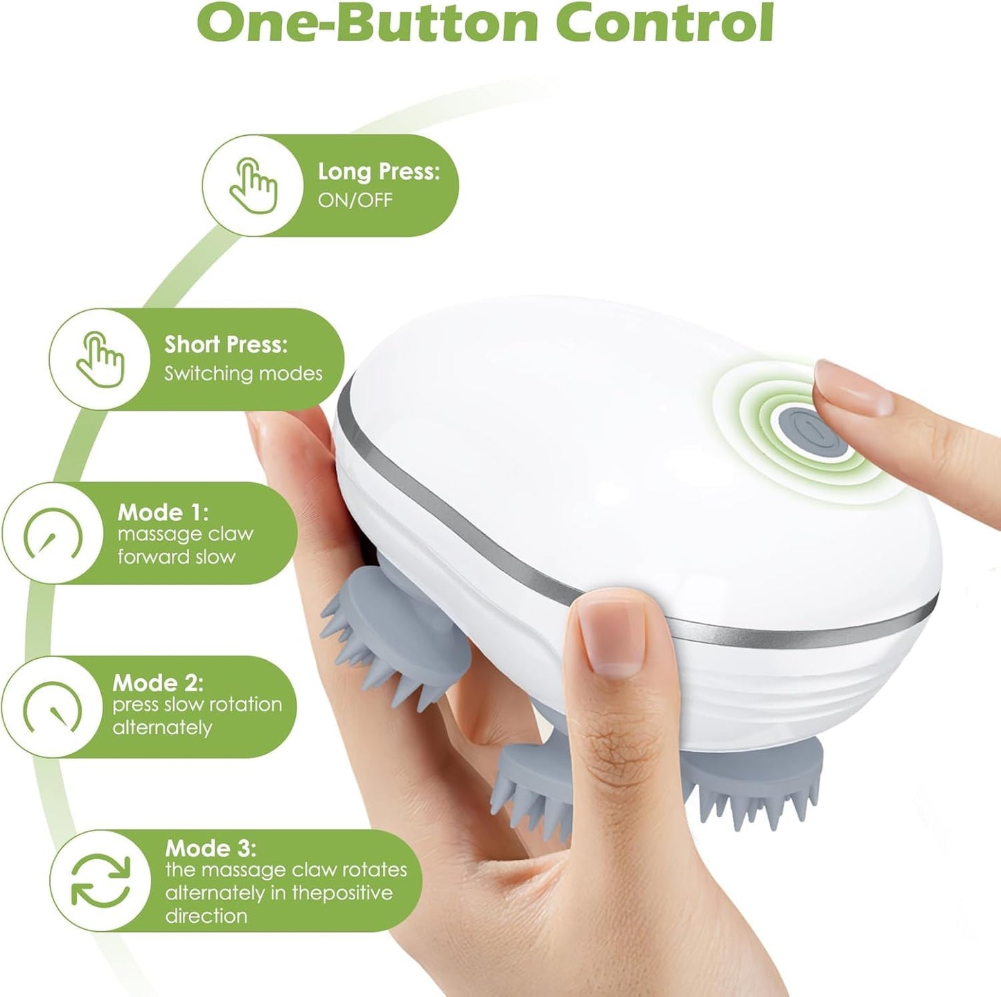 Handheld device with massage functions and control instructions on a white background